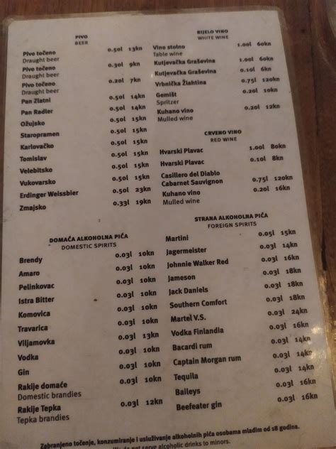 Menu Da Caffe Bar Gajba Zagabria Frankopanska Ul 9