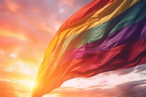 Bandeira do arco íris LGBTQ do orgulho gay clors agitando bandeiras no ar durante um evento