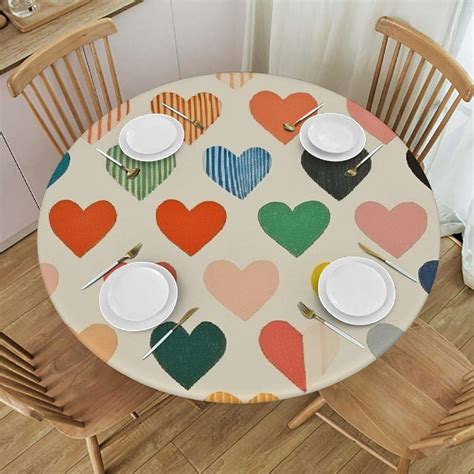 EwdeWwo Valentine's Day Elastic Round Tablecloth, Heart Buffalo Plaid Red Fitted Tablecloths for ...