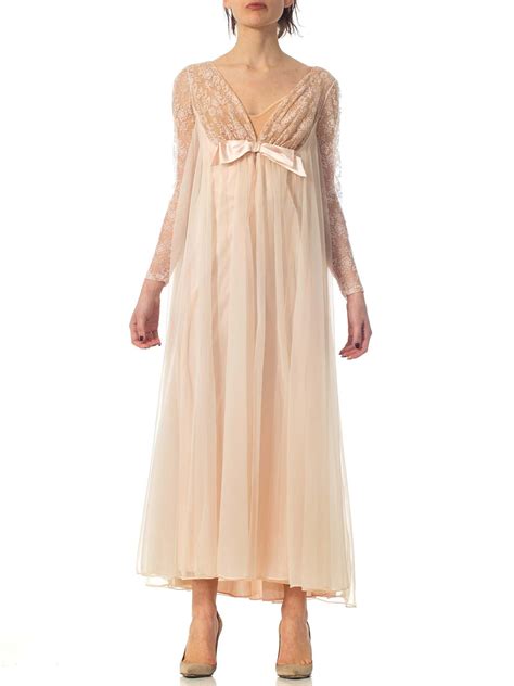 1960S Nude Nylon Chiffon Jersey Romantic Negligee House Dress With Sleeves For Sale At 1stDibs