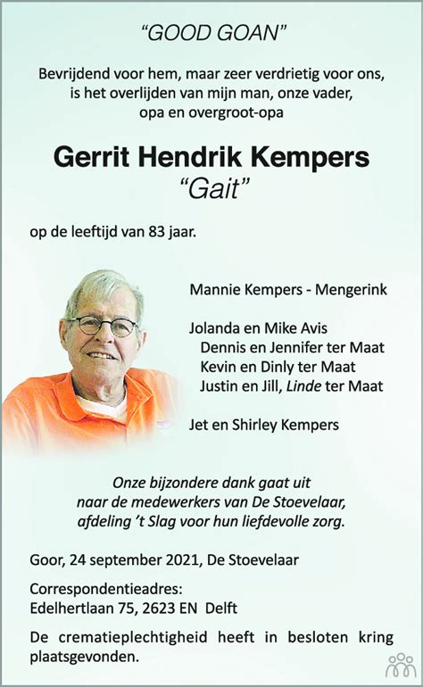 Gerrit Hendrik Gait Kempers 24 09 2021 Overlijdensbericht En