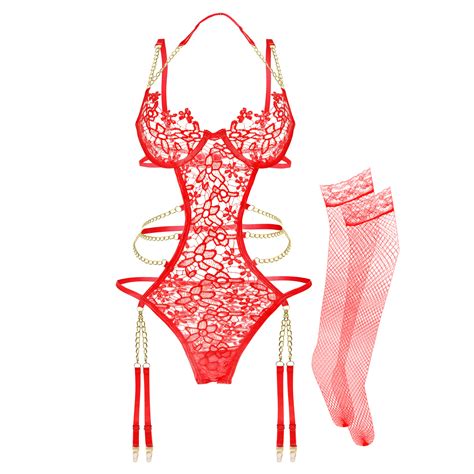 Women Lingerie Set Piece Lingerie With Garter Belt Floral Lace Underwire Bra And Panty Sets