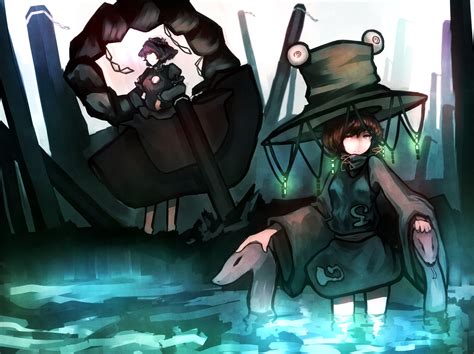 Girls Blonde Hair Hat Mifuru Moriya Suwako Purple Eyes Red Eyes Ribbons Rope Touhou Water