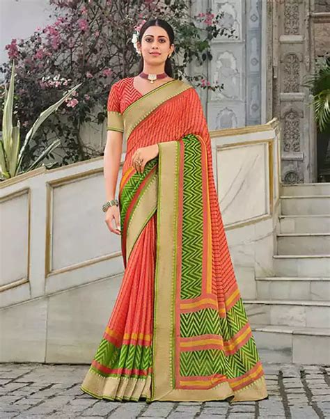 Brasso Fabric Peach Coloured Saree South India Shopping Mall
