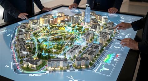 interactive digital map display   futuristic city layout  stock
