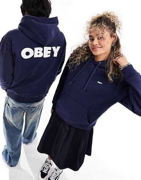 Obey Bold Logo Unisex Hoodie In Navy Asos