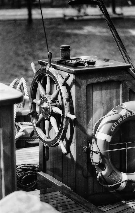 wooden helm   boat  stock photo