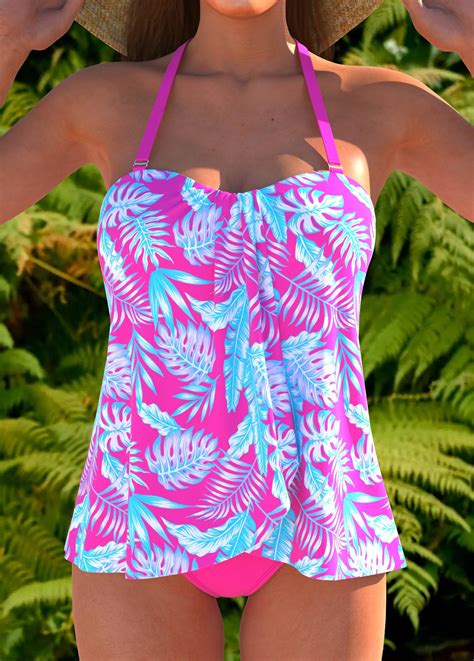 Leaf Print Layered Hot Pink Tankini Set Rosewe Usd