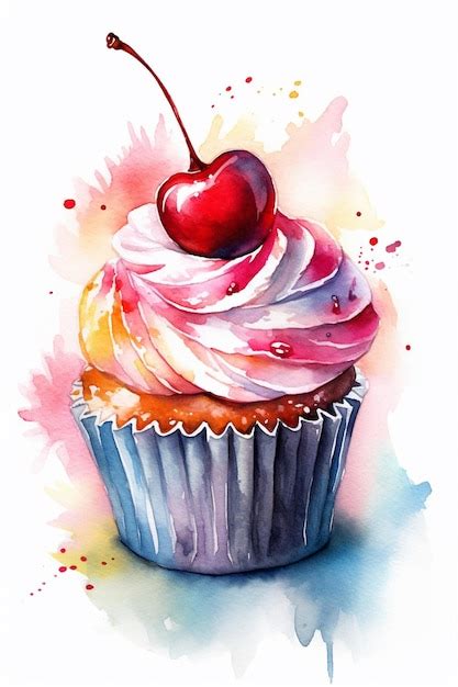 Premium Photo A Watercolor Painting Of A Cupcake With A Cherry On Top