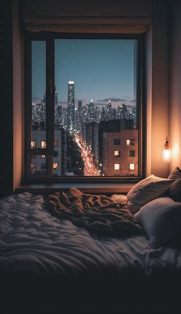 Premium Ai Image A Window In A Bedroom With A View Of The City