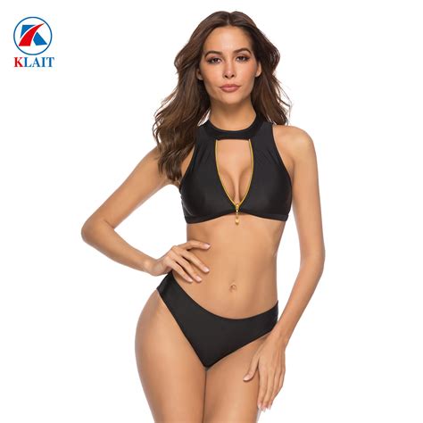 High Neck Women Two Piece Front Zipper Open Black Sport Bikini Swimwear Swimsuit And Bikini Price
