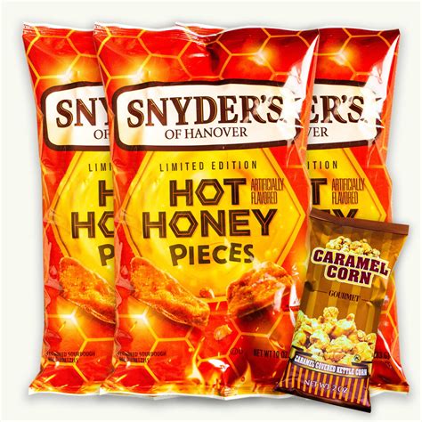 Hot Honey Pretzel Pieces 3 10oz Bags Gourmet Caramel Popcorn 2oz 4 Items Total