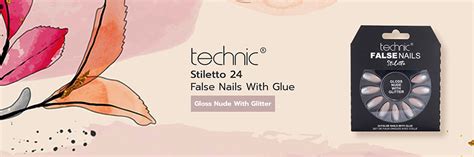 Technic Stiletto False Nails With Glue Gloss Nude With Glitter