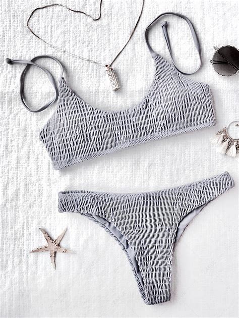 Padded Smocked Bralette Bikini Set In GRAY ZAFUL 2024