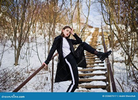 Fashionable Long Legs Brunette Model At Winter Day Stock Image Image Of Frozen Clothes 233607517