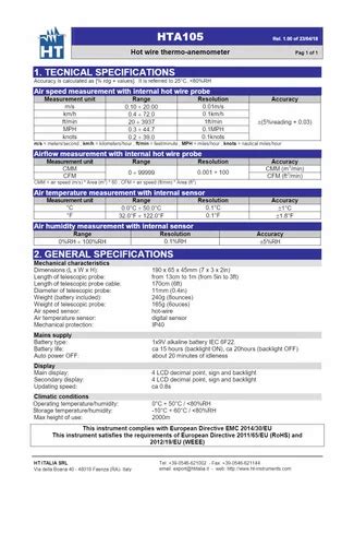 Hta Hot Wire Digital Thermo Anemometer With Temperature Humidity And Air Speed Measurement