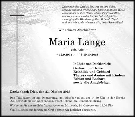 Traueranzeigen Von Maria Lange Rz Trauerde