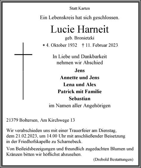 Traueranzeigen Von Lucie Harneit Trauer L Neburg De