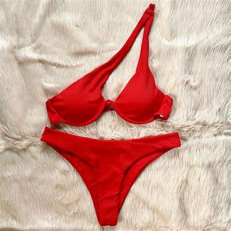 RED RIBBED ONE SHOULDER BIKINI SMALL On Carousell