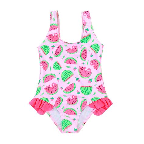 Girls Swimsuit Sleeveless Summer Cartoon Prints Ruffles One Piece Beach Onesie Bikini A Swimwear