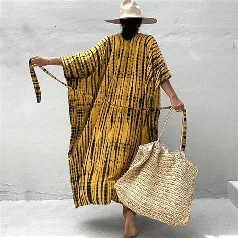 Summer Beach Bikini Cover Ups Long Retro Kaftan Women Swimwear Dress Kimono Striped Tunic Pareo