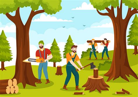 Men Chopping Wood And Cutting Tree With Lumberjack Work Equipment
