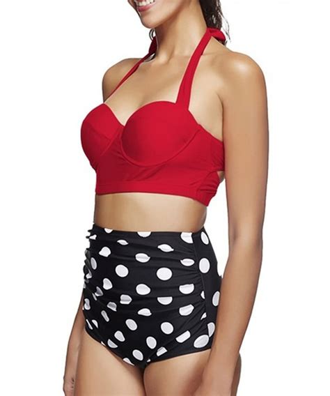 Women Retro Vintage High Waisted Halter Underwired Top Swimsuit Bathing Suits Bikini Red