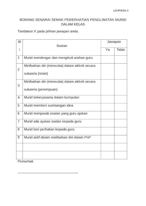 Contoh Senarai Semak Pemerhatian Prasekolah Borang Senarai Semak