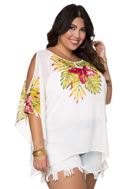 Cold Shoulder Keyhole Tropical Blouse Ashley Stewart Fashionable