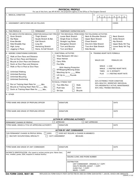 Physical Profile Da Form 3349 May 86