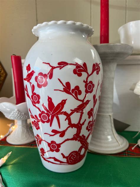 Vintage Anchor Hocking Milk Glass With Red Hand Painted Birds And