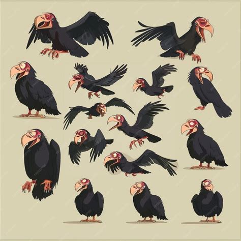 Vector Set Of Black Vultures In Different Poses On A Beige Background