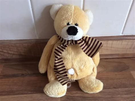 Ebo Vintage Golden Teddy Belly Button Bear Brown Stripe Scarf Soft Toy