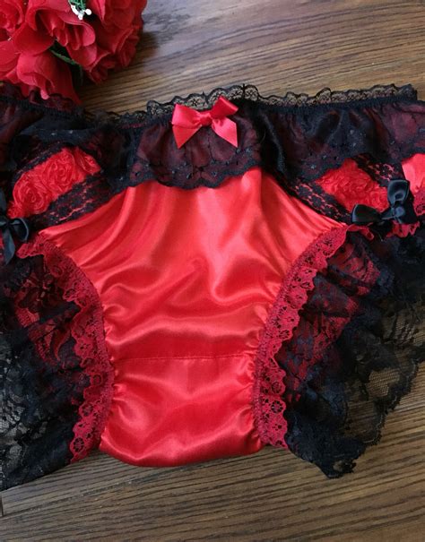 Foxy Red Black Trim Satin Sissy Panties Girly Feminine Bikini Knickers