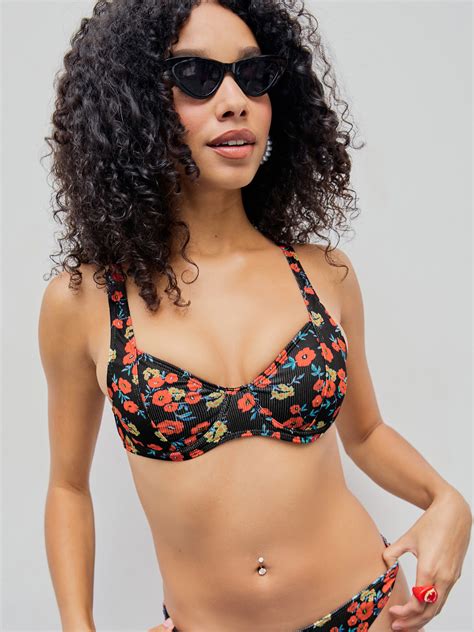 V Neck Floral Rib Tie Back Bikini Top For Vacation Swimming Pool Beach