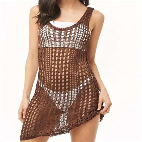 Cheap 2022 Crochet Dress Knitted Beach Cover Up Dress Tunic Long Pareos