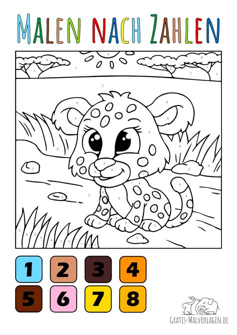 Ausmalbild Baby Leopard - Malen nach Zahlen - Gratis Malvorlagen