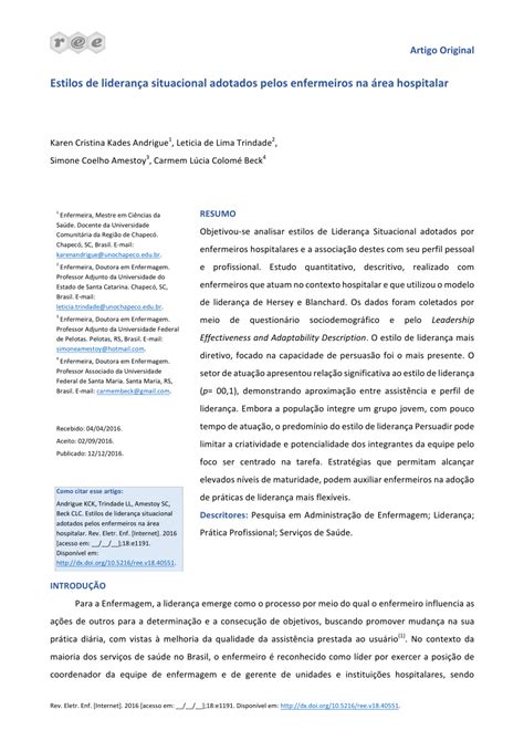 Pdf Estilos De Lideran A Situacional Adotados Pelos Enfermeiros Na