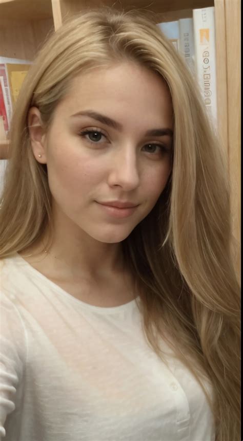 Blonde Woman With Long Hair And White Shirt Taking A Selfie SeaArt AI