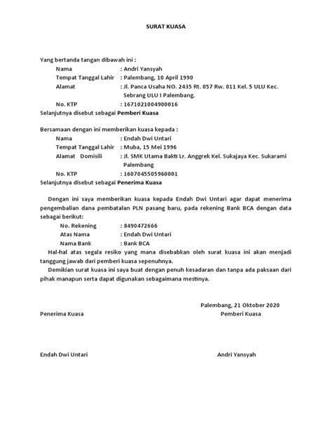 surat kuasa pengembalian dana pln