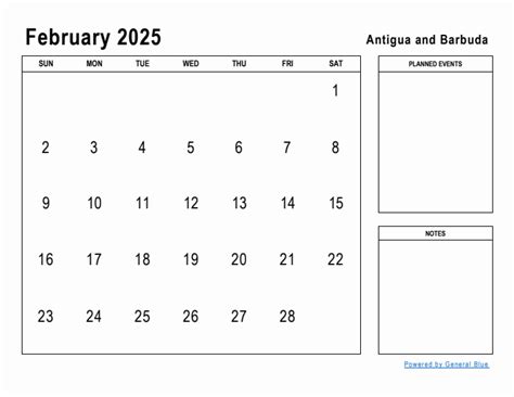 February 2025 Planner with Antigua and Barbuda Holidays