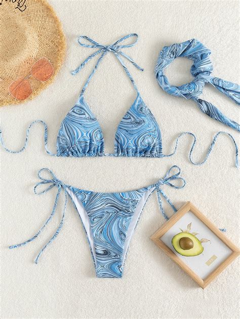 SHEIN Swim Vcay Conjunto de bikini con patrón fluido Sujetador de triángulo halter y bottom de