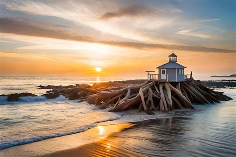 Premium AI Image | A lighthouse sits on a rock in the ocean at sunset.