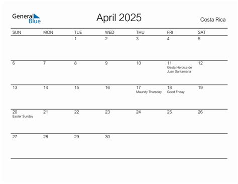 Printable April 2025 Monthly Calendar with Holidays for Costa Rica