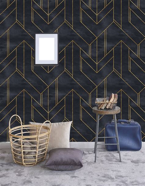 Removable Wallpaper Gold And Navy Blue Geometric Peel Stick Etsy