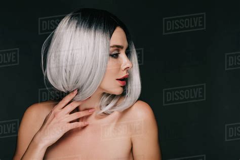 Sensual Naked Girl Posing In Grey Wig Isolated On Black Royalty Free Stock Photo Dissolve