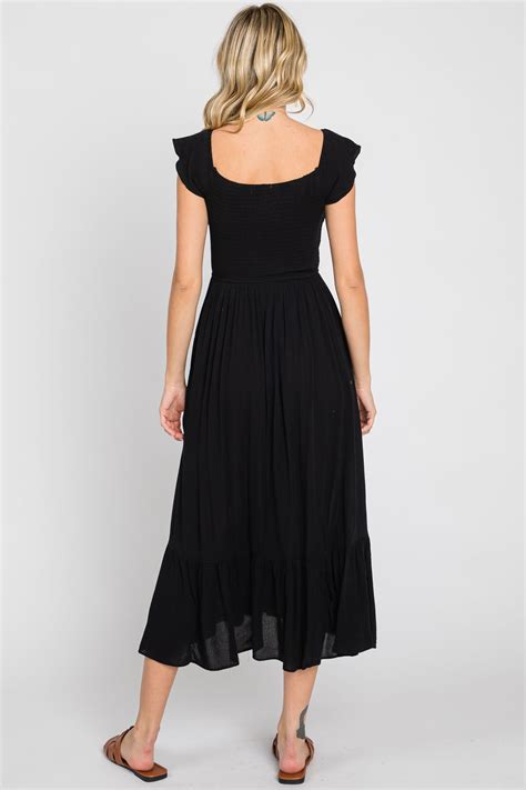 Black Smocked Ruched Ruffle Hem Maxi Dress Pinkblush