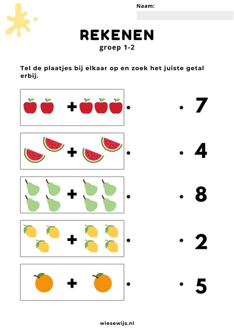 Werkblad Rekenen Groep 1 2 Plaatjes Optellen Thema Eten En Drinken Wiesewijs