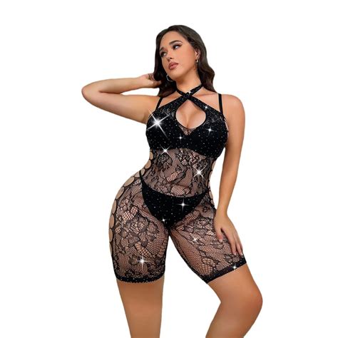 Plus Size Fun Romper Hot Diamond Female Attraction Perspective Cross Over Bodysuit Rhinestone
