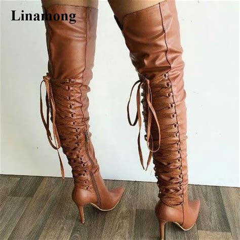 Women Sexy Pointed Toe Back Lace Up Over Knee Gladiator Boots Slim